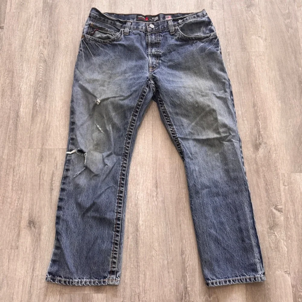 Ariat FR M4 Relaxed Boot Cut Jeans Mens 36x30 Blue Flame Resistant Distressed